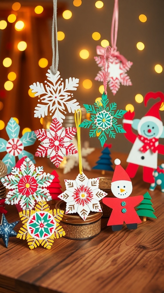 Colorful DIY Christmas ornaments made from paper, displayed on a table with fairy lights.